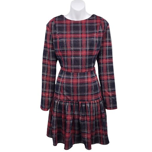 Alexia Admor Plaid Drop Waist Mini Dress L Long Sleeve Crew Tiered Sheath NWT - Picture 1 of 5